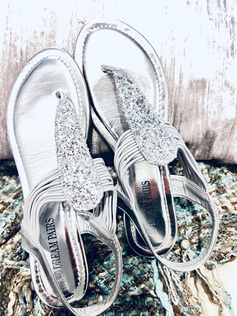 Dream Pairs Silver Glitter Thong Sandals for Women with Elastic Slingback